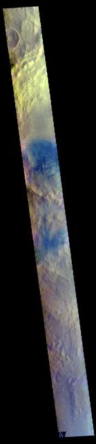 The THEMIS VIS camera contains 5 filters. The data from different filters can be combined in multiple ways to create a false color image. These false color images may reveal subtle variations of the surface not easily identified in a single band image. Today's false color image shows part of Arabia Terra. Orbit Number: 76892 Latitude: 10.6919 Longitude: 13.1897 Instrument: VIS Captured: 2019-04-15 14:10 https://photojournal.jpl.nasa.gov/catalog/PIA24604