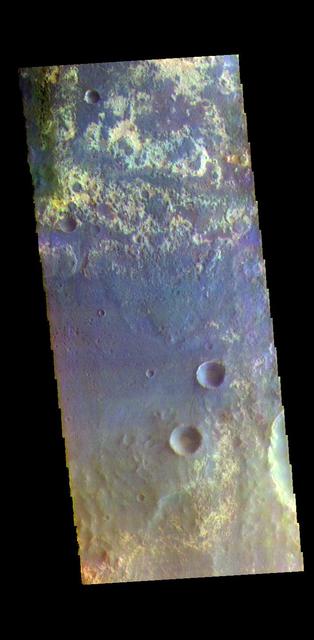 The THEMIS VIS camera contains 5 filters. The data from different filters can be combined in multiple ways to create a false color image. These false color images may reveal subtle variations of the surface not easily identified in a single band image. Today's false color image shows part of Arabia Terra near Mawrth Vallis and Oyama Crater. Orbit Number: 77205 Latitude: 24.7753 Longitude: 340.276 Instrument: VIS Captured: 2019-05-11 08:52 https://photojournal.jpl.nasa.gov/catalog/PIA24606