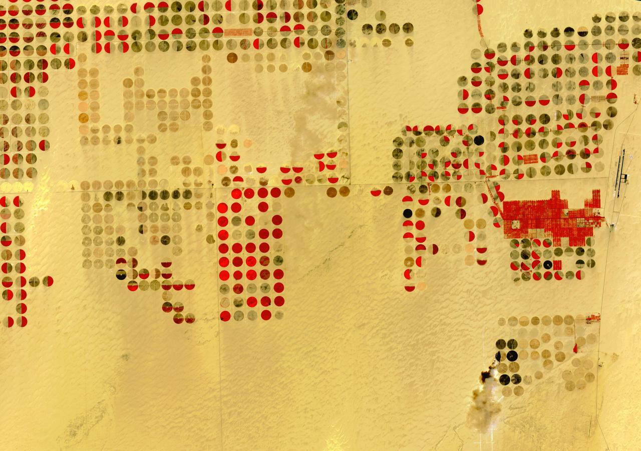 The Nubian Sandstone Aquifer System is the world's largest fossil water aquifer system. It covers an estimated area of 2.6 million square kilometers, including parts of Sudan, Chad, Libya, and most of Egypt. In the southwestern part of Egypt, the East Oweinat development project uses central pivot irrigation to mine the fossil water for extensive agricultural development. Crops include wheat and potatoes; they are transported via the airport on the eastern side. The image was acquired October 12, 2015, covers an area of 33.3 by 47.2 km, and is located near 22.6 degrees north, 28.5 degrees east. https://photojournal.jpl.nasa.gov/catalog/PIA24616