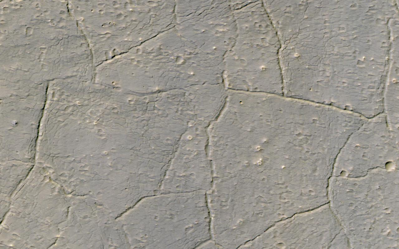 This image shows material almost completely filling an impact crater to the northeast of Hale Crater, perhaps water-rich ejecta from Hale itself.  There is a pattern of fractures at two scales and many small cones. There are lots of strange terrains surrounding Hale Crater, perhaps the youngest impact crater on Mars larger than 100 kilometers in diameter. The body that hit Mars, creating Hale, may have impacted ice-rich ground.  https://photojournal.jpl.nasa.gov/catalog/PIA24618
