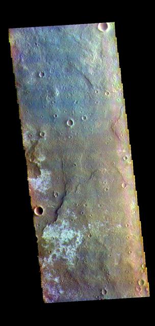 The THEMIS VIS camera contains 5 filters. The data from different filters can be combined in multiple ways to create a false color image. These false color images may reveal subtle variations of the surface not easily identified in a single band image. Today's false color image shows part of Tyrrhena Terra. Orbit Number: 77663 Latitude: -18.5098 Longitude: 91.5468 Instrument: VIS Captured: 2019-06-18 01:49 https://photojournal.jpl.nasa.gov/catalog/PIA24634