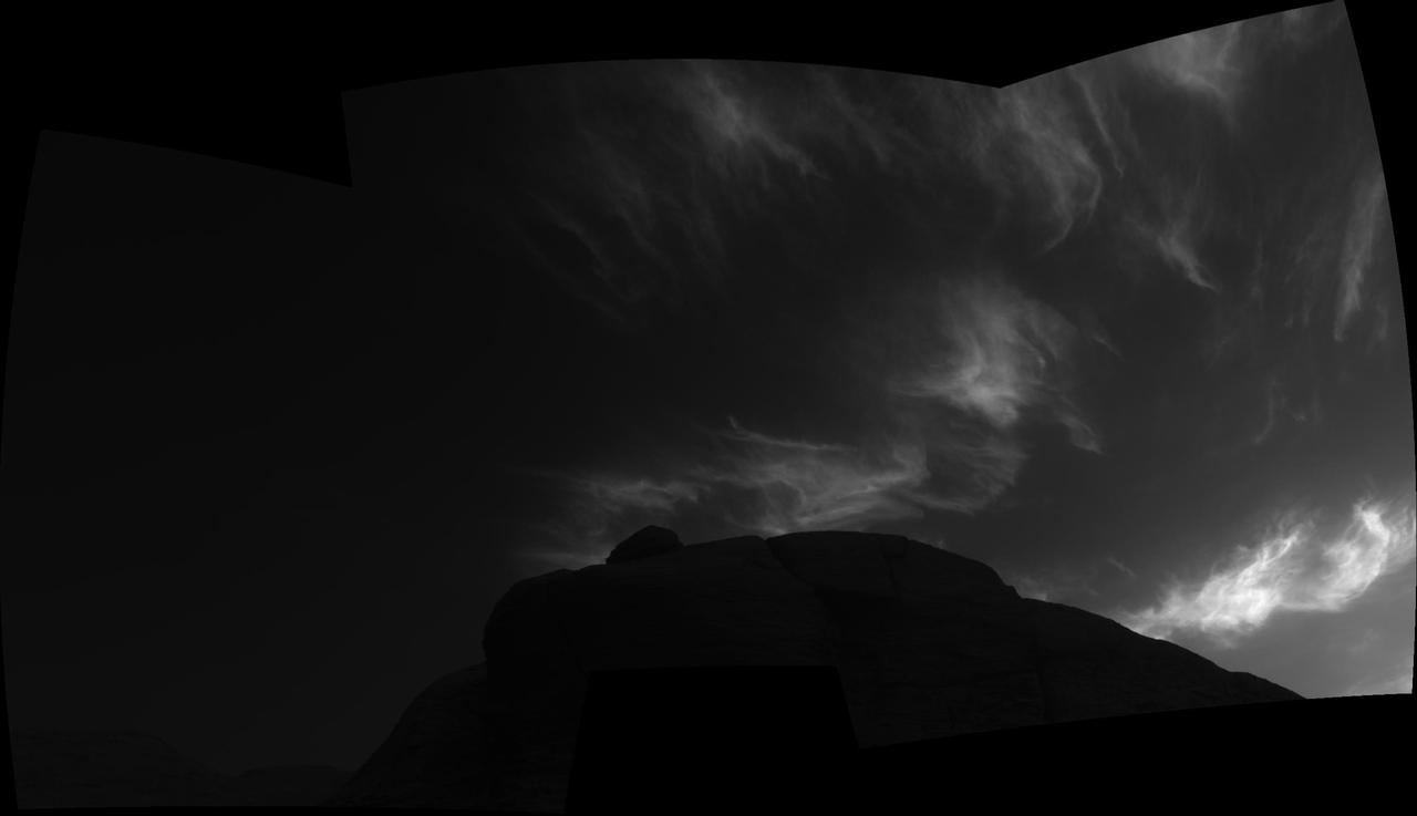Using the navigation cameras on its mast, NASA's Curiosity Mars rover took these images of clouds just after sunset on March 28, 2021, the 3,072nd so, or Martian day, of the mission. These noctilucent, or twilight clouds, are made of water ice; ice crystals reflect the setting sun, allowing the detail in each cloud to be seen more easily.  Movie available at https://photojournal.jpl.nasa.gov/catalog/PIA24646