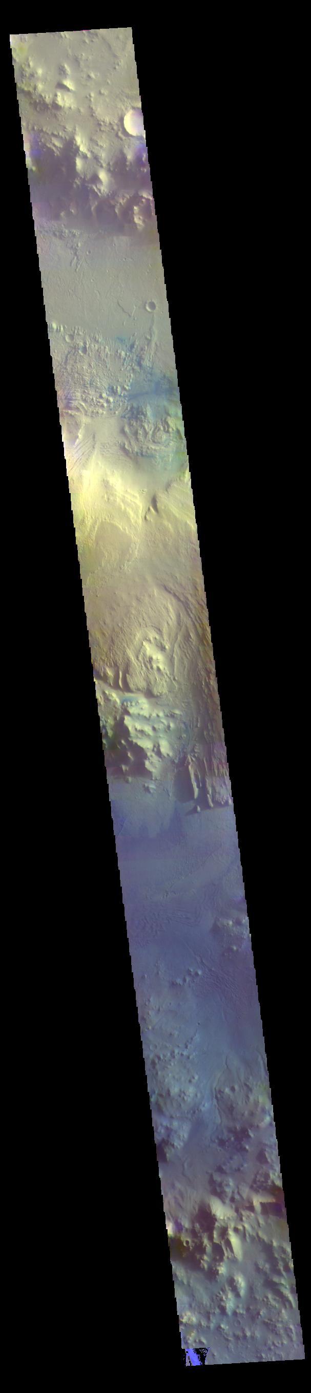 The THEMIS VIS camera contains 5 filters. The data from different filters can be combined in multiple ways to create a false color image. These false color images may reveal subtle variations of the surface not easily identified in a single band image. Today's false color image shows a cross section of Gale Crater, including the large layered deposit on the crater floor. The Curiosity Rover is located in Gale Crater. Gale crater is 150km (90 miles) in diameter.  Orbit Number: 78672 Latitude: -5.332 Longitude: 138.139 Instrument: VIS Captured: 2019-09-09 04:00  https://photojournal.jpl.nasa.gov/catalog/PIA24653