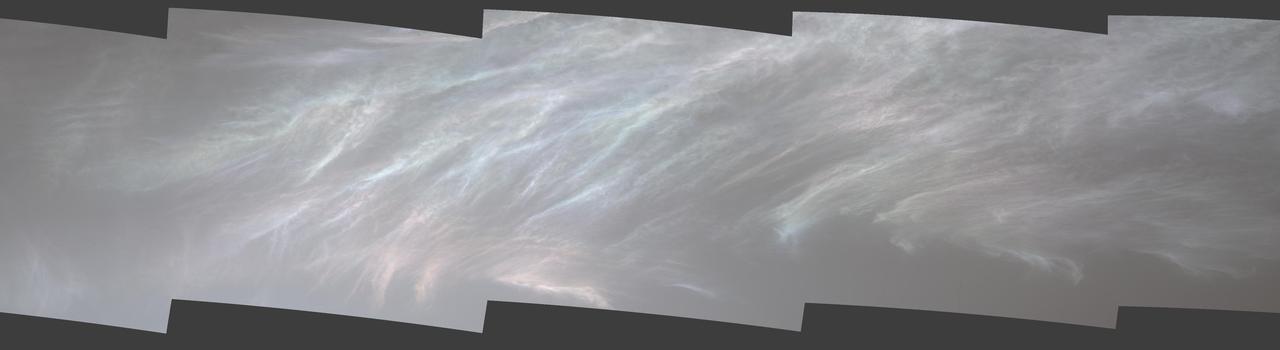 NASA's Curiosity Mars rover spotted these iridescent, or "mother of pearl," clouds on March 5, 2021, the 3,048th Martian day, or sol, of the mission. Seen here are five images stitched together from a much wider panorama taken by the rover's Mast Camera, or Mastcam.  https://photojournal.jpl.nasa.gov/catalog/PIA24662
