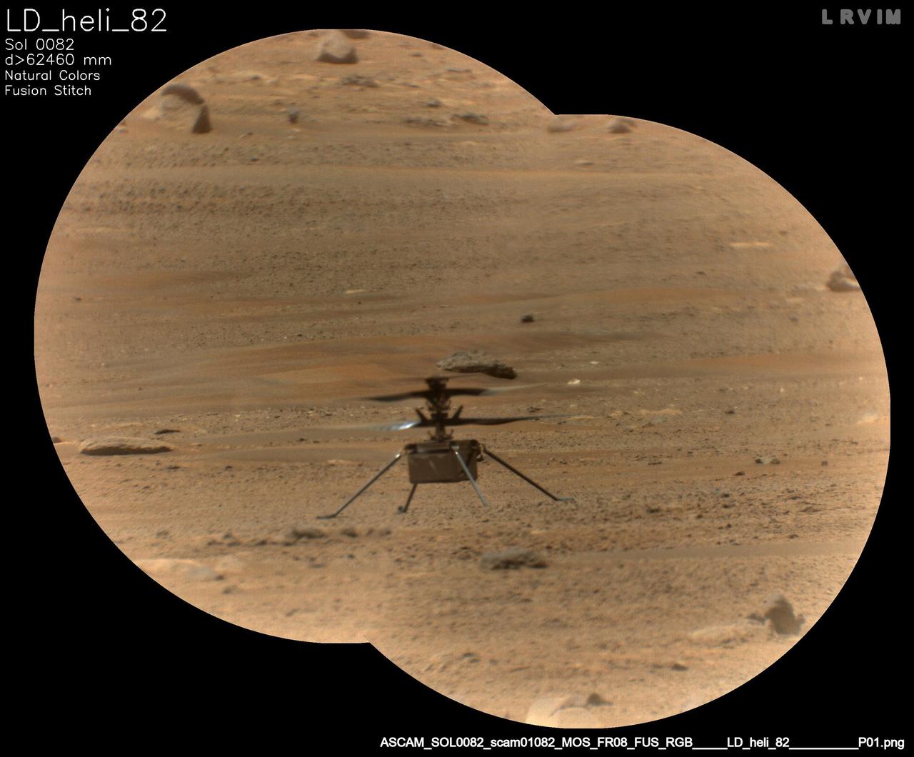 NASA's Ingenuity Mars Helicopter is viewed here through the Remote Microscopic Imager (RMI) camera, part of the SuperCam instrument aboard NASA's Perseverance rover. This image was taken on May 14, 2021, the 82nd Martian day, or sol, of the mission.  The RMI is able to spot a softball from nearly a mile away, allowing scientists to take images of details from a long distance. It also provides fine details of nearby targets zapped by SuperCam's laser.  A key objective for Perseverance's mission on Mars is astrobiology, including the search for signs of ancient microbial life. The rover will characterize the planet's geology and past climate, pave the way for human exploration of the Red Planet, and be the first mission to collect and cache Martian rock and regolith (broken rock and dust).  Subsequent NASA missions, in cooperation with ESA (European Space Agency), would send spacecraft to Mars to collect these sealed samples from the surface and return them to Earth for in-depth analysis.  The Mars 2020 Perseverance mission is part of NASA's Moon to Mars exploration approach, which includes Artemis missions to the Moon that will help prepare for human exploration of the Red Planet.  https://photojournal.jpl.nasa.gov/catalog/PIA24665