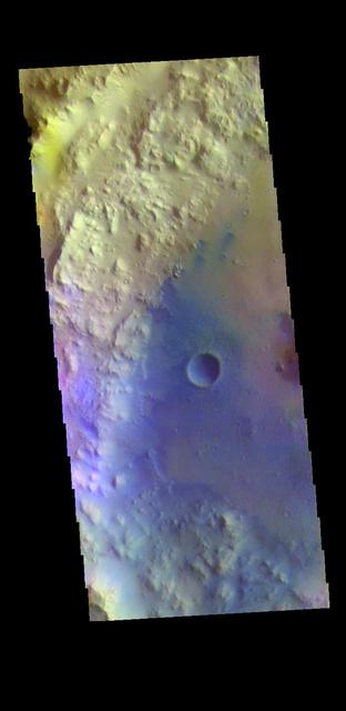 The THEMIS VIS camera contains 5 filters. The data from different filters can be combined in multiple ways to create a false color image. These false color images may reveal subtle variations of the surface not easily identified in a single band image. Today's false color image shows the western half of Tombaugh Crater. Tombaugh Crater is located in Elysium Planitia and is 60km (37 miles) in diameter.  Orbit Number: 79320 Latitude: 3.55509 Longitude: 161.686 Instrument: VIS Captured: 2019-11-01 12:40  https://photojournal.jpl.nasa.gov/catalog/PIA24671