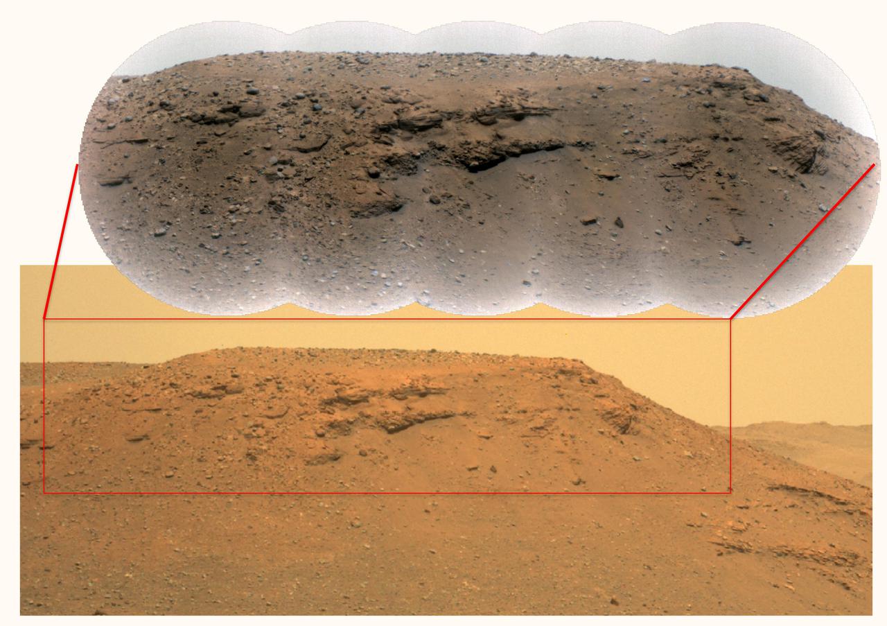 This composite image of the "Delta Scarp" in Mars' Jezero Crater was generated using data from two imagers aboard NASA's Perseverance rover. Taken by the rover's Mastcam-Z, the bottom image shows both the base and plateau of the escarpment. The inset above, created from a mosaic of five Remote Microscopic Imager (RMI) pictures, zooms in on a 377-foot-wide (115-meter-wide) portion of the scarp, allowing closer inspection of some of its intriguing geologic features.  Part of the rover's SuperCam instrument, the RMI is able to spot an object the size of a softball from nearly a mile away, allowing scientists to take images of details from a long distance. It also provides fine details of nearby targets zapped by SuperCam's laser.  SuperCam is led by Los Alamos National Laboratory in New Mexico, where the instrument's Body Unit was developed. That part of the instrument includes several spectrometers, control electronics and software.  The Mast Unit was developed and built by several laboratories of the CNRS (French National Centre for Scientific Research) and French universities under the contracting authority of CNES.  Arizona State University in Tempe leads the operations of the Mastcam-Z instrument, working in collaboration with Malin Space Science Systems in San Diego.  A key objective for Perseverance's mission on Mars is astrobiology, including the search for signs of ancient microbial life. The rover will characterize the planet's geology and past climate, pave the way for human exploration of the Red Planet, and be the first mission to collect and cache Martian rock and regolith (broken rock and dust).  Subsequent NASA missions, in cooperation with ESA (European Space Agency), would send spacecraft to Mars to collect these sealed samples from the surface and return them to Earth for in-depth analysis.  The Mars 2020 Perseverance mission is part of NASA's Moon to Mars exploration approach, which includes Artemis missions to the Moon that will help prepare for human exploration of the Red Planet.  https://photojournal.jpl.nasa.gov/catalog/PIA24684