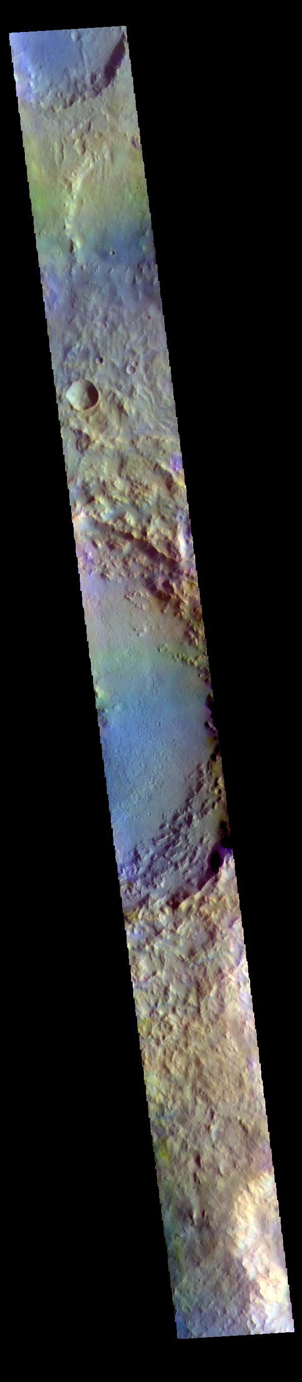 The THEMIS VIS camera contains 5 filters. The data from different filters can be combined in multiple ways to create a false color image. These false color images may reveal subtle variations of the surface not easily identified in a single band image. Today's false color image shows a cross section of Soffen Crater. Located in Terra Cimmeria, Soffen Crater is 58km (36 miles) in diameter.  Orbit Number: 81567 Latitude: -23.633 Longitude: 141.085 Instrument: VIS Captured: 2020-05-04 12:55  https://photojournal.jpl.nasa.gov/catalog/PIA24705