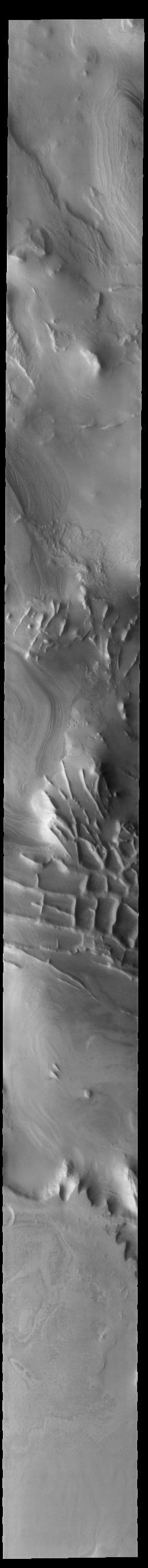 Today's VIS image shows part of Angustus Labyrinthus. Angustus Labyrinthus is a unique region near the south polar cap. In the center of this image squares formed by intersecting ridges are visible. The feature earned the informal name of the Inca City when it was discovered in Mariner 9 images in 1972.The linear ridges are believed to have formed by volcanic and tectonic forces, where magma filled fractures in the subsurface and then erosion revealed the magmatic material.  Orbit Number: 85024 Latitude: -81.1964 Longitude: 296.058 Instrument: VIS Captured: 2021-02-13 03:55  https://photojournal.jpl.nasa.gov/catalog/PIA24740