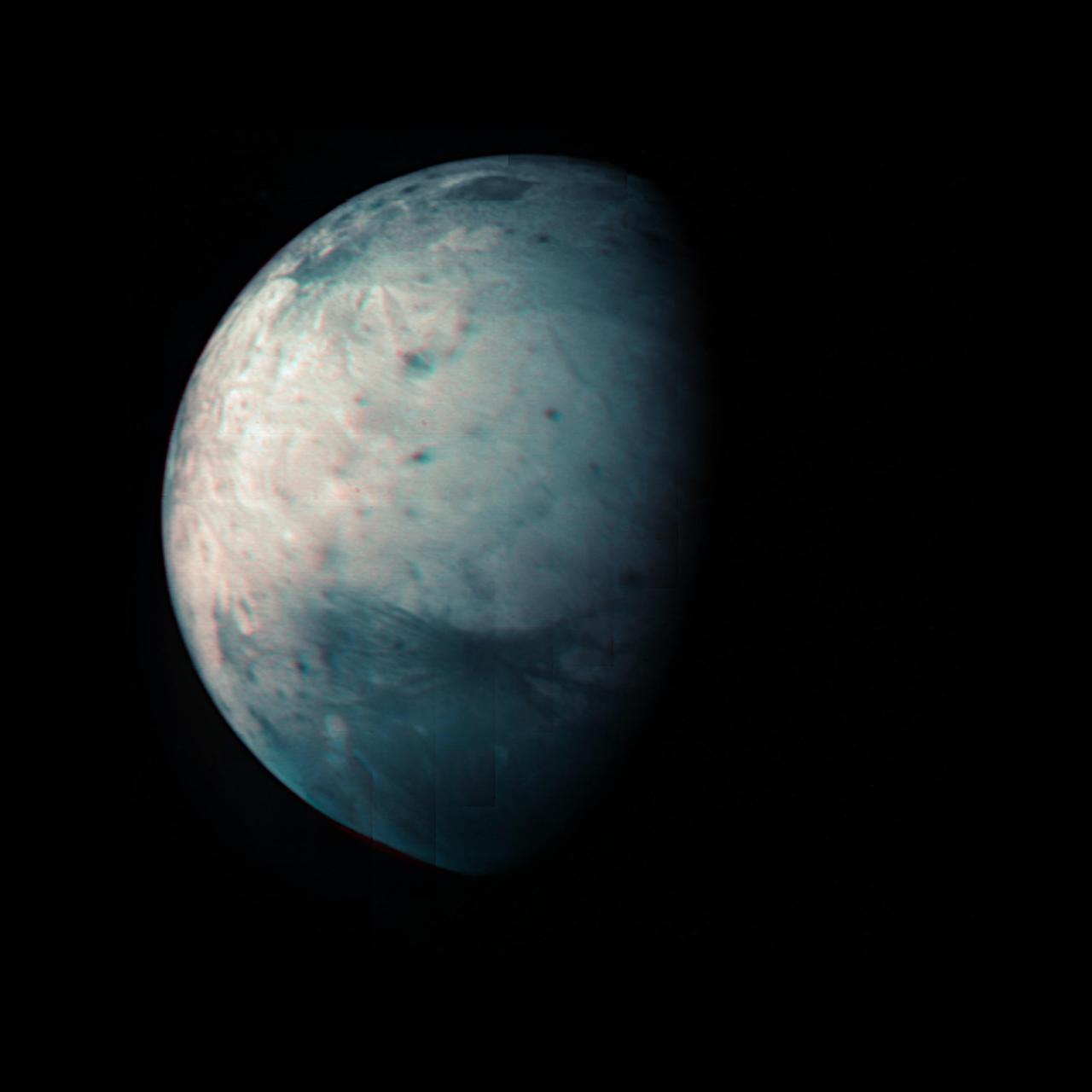 This infrared view of Ganymede was obtained by the Jovian Infrared Auroral Mapper (JIRAM) instrument aboard NASA's Juno spacecraft during its July 20th, 2021, flyby. JIRAM "sees" in infrared light not visible to the human eye, providing information on Ganymede's icy shell and the composition of the ocean of liquid water beneath. It was designed to capture the infrared light emerging from deep inside Jupiter, probing the weather layer down to 30 to 45 miles (50 to 70 kilometers) below Jupiter's cloud tops.  During the flyby, Juno came within 31,136 miles (50,109 kilometers) of the icy orb. Together with the previous observational geometries provided, this data gives the opportunity for JIRAM to see different regions for the first time, as well as to compare the diversity in composition between the low and high latitudes.  Because Ganymede has no atmosphere to impede the solar wind, or progress of charged particles from the Sun, the surface at its poles is constantly being bombarded by plasma from Jupiter's gigantic magnetosphere. The bombardment has a dramatic effect on Ganymede's ice: Ice is crystallized by heating at the equator and amorphized by particle radiation at the polar regions.  https://photojournal.jpl.nasa.gov/catalog/PIA24791