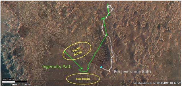 This annotated image depicts the ground tracks of NASA's Perseverance rover (white) and Ingenuity Mars Helicopter (green) since arriving on Mars on February 18, 2021. The green dots represent the locations of the helicopter's airfields during the 11 flights it has made between April 19 and August 4. The lower yellow ellipse highlights the "Raised Ridges" geologic feature that Ingenuity reconnoitered during Flight 10. The upper yellow ellipse depicts the "South Séítah" region, which Ingenuity is scheduled to fly over during its 12th sortie.  https://photojournal.jpl.nasa.gov/catalog/PIA24797