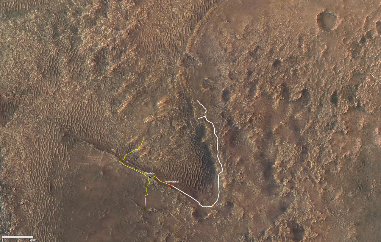 This annotated image depicts the ground track (indicated in white) of NASA's Perseverance rover since it arrived on Mars on February 18, 2021. Perseverance made its first sample-acquisition attempt in the "Crater Floor Fractured Rough" area (labeled "CF-Fr"), right of center in the lower third of image. The "Citadelle" is located in the lower third of graphic, just left of center.  The graphic was generated using terrain imaged by the HiRISE camera aboard NASA's Mars Reconnaissance Orbiter.  https://photojournal.jpl.nasa.gov/catalog/PIA24800