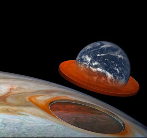 This illustration combines an image of Jupiter from the JunoCam instrument aboard NASA's Juno spacecraft with a composite image of Earth to depict the size and depth of Jupiter's Great Red Spot.  https://photojournal.jpl.nasa.gov/catalog/PIA24817
