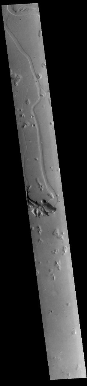 This VIS image is located in Utopia Planitia and shows part of Hephaestus Fossae. Hephaestus Fossae is a complex channel system. It has been proposed that the channel formed by the release of melted subsurface ice during an impact event. Additionally, the nearby Elysium volcanic center created subsurface heating that may have played a part in creating both Hephaestus Fossae and Hebrus Valles to the north. Orbit Number: 85286 Latitude: 17.535 Longitude: 127.087 Instrument: VIS Captured: 2021-03-06 18:17 https://photojournal.jpl.nasa.gov/catalog/PIA24823