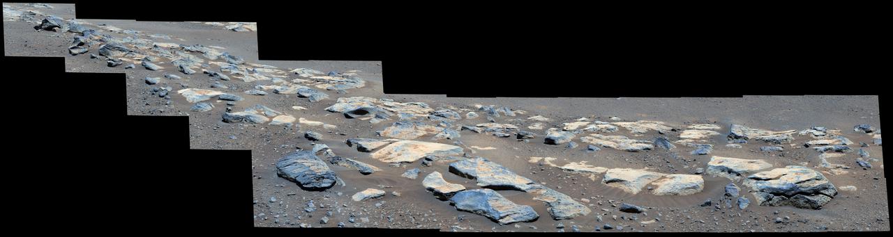 This mosaic image (composed of multiple individual images taken by NASA's Perseverance rover) shows a rock outcrop in the area nicknamed "Citadelle" on the floor of Mars' Jezero Crater. The mosaic image has been nicknamed "Malamaire" by the rover team and includes a block of rock called "Rochette" (after "La Rochette," a small town in north-central France whose name also translates to "little rock"). Perseverance successfully collected its first two rock samples from Rochette in early September 2021. An annotated version of this panorama shows the location of Rochette. The images in the mosaic were taken by the Mastcam-Z instrument on the 180th sol (Martian day) of the rover's mission. A key objective for Perseverance's mission on Mars is astrobiology, including the search for signs of ancient microbial life. The rover will characterize the planet's geology and past climate, pave the way for human exploration of the Red Planet, and be the first mission to collect and cache Martian rock and regolith (broken rock and dust). The Mars 2020 Perseverance mission is part of NASA's Moon to Mars exploration approach, which includes Artemis missions to the Moon that will help prepare for human exploration of the Red Planet. Subsequent NASA missions, in cooperation with ESA (European Space Agency), would send spacecraft to Mars to collect these sealed samples from the surface and return them to Earth for in-depth analysis. https://photojournal.jpl.nasa.gov/catalog/PIA24833