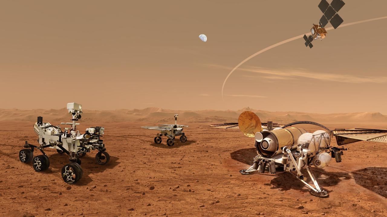 This illustration shows a concept for a set of future robots working together to ferry back samples from the surface of Mars collected by NASA's Mars Perseverance rover.      NASA and the European Space Agency (ESA) are solidifying concepts for a Mars sample return mission that would seek to take the samples of Martian rocks and other materials being collected and stored in sealed tubes by NASA's Mars Perseverance rover and return the sealed tubes to Earth.      According to the current concept, NASA would deliver a Mars lander in the vicinity of Jezero Crater, where Perseverance (left) will have collected and cached samples. The Sample Retrieval Lander (right) would carry a NASA rocket (the Mars Ascent Vehicle), along with ESA's Sample Fetch Rover (center) that is roughly the size of the Opportunity Mars rover. The fetch rover would gather the cached samples and carry them back to the lander for transfer to the ascent vehicle; additional samples could also be delivered directly by Perseverance. The ascent vehicle would then launch a special container holding the samples into Mars orbit. ESA would put a spacecraft in orbit around Mars before the ascent vehicle launches. This spacecraft would rendezvous with and capture the orbiting samples before returning them to Earth. NASA would provide the capture and containment payload module for the orbiter.  https://photojournal.jpl.nasa.gov/catalog/PIA24870