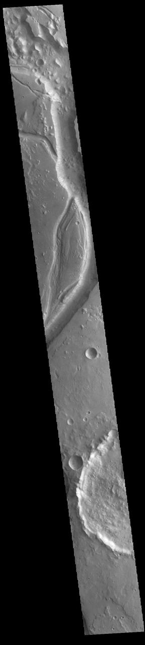 Today's VIS image shows a section of Shalbatana Vallis. Located in Xanthe Terra, Shalbatana Vallis is an outflow channel carved by massive floods of escaping groundwater whose source lies far to the south of this image. This channel, and all others in this region, drain into Chryse Planitia. Shalbatana Vallis is 1029km (639 miles) long. Orbit Number: 85816 Latitude: 10.2994 Longitude: 318.18 Instrument: VIS Captured: 2021-04-19 09:35 https://photojournal.jpl.nasa.gov/catalog/PIA24874