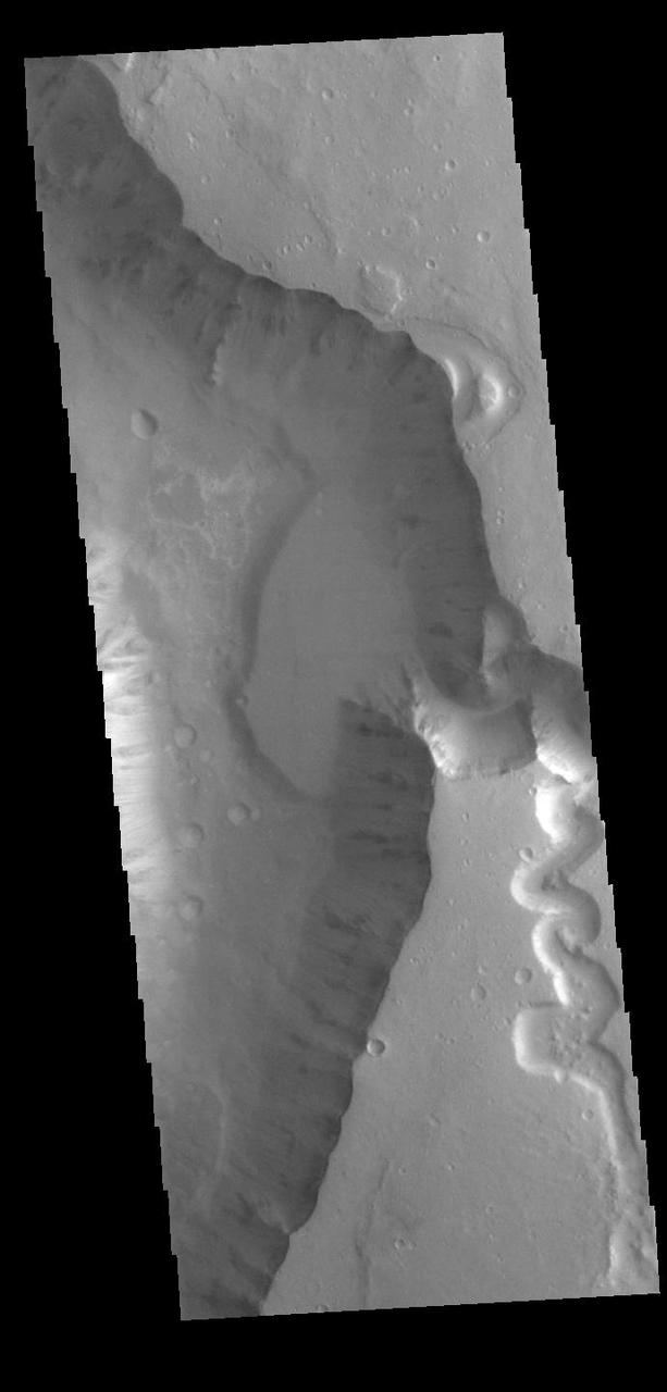 Today's VIS image shows a small section of Shalbatana Vallis. Located in Xanthe Terra, Shalbatana Vallis is an outflow channel carved by massive floods of escaping groundwater whose source lies far to the south of this image. This channel, and all others in this region, drain into Chryse Planitia. Shalbatana Vallis is 1029km long (639 miles). A small tributary channel is located on the right side of the image. The flat lying bench on the side of the main channel may be a delta deposit created by the tributary channel. Orbit Number: 85866 Latitude: 3.02377 Longitude: 316.732 Instrument: VIS Captured: 2021-04-23 12:22 https://photojournal.jpl.nasa.gov/catalog/PIA24880