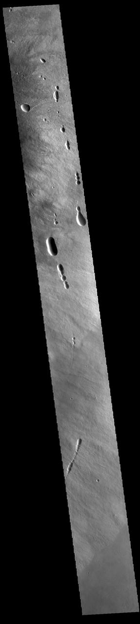 Today's image shows the eastern flank of Ascraeus Mons. Several tectonic fractures and collapse features, as well as lava flows, are visible in the image. Ascraeus Mons is the northernmost of the three aligned Tharsis volcanoes and is the tallest at 18 km (11 miles). Orbit Number: 85868 Latitude: 11.0537 Longitude: 257.947 Instrument: VIS Captured: 2021-04-23 16:21 https://photojournal.jpl.nasa.gov/catalog/PIA24881