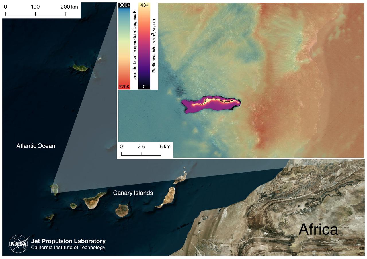 On September 19, 2021 volcanic activity permanently altered the coastline of the small island of La Palma, located off the coast of northwestern Africa. Within seven hours of the initial eruption, the lava flow traveled about 6km to the Atlantic Coast where it continues to extend the coastline out into the ocean.  This image taken by the ECOSTRESS module aboard the International Space Station captured the initial Laval flow several hours after the eruption. Dark spots along the coastline represent locations where lava flowed into the ocean, increasing the surface temperature.  ECOSTRESS's primary mission is to detect small changes in the temperature of plants to measure evapotranspiration rates. It can use the same instrumentation to detect changes in surface temperature associated with events such as volcanic eruptions. ECOSTRESS observations have a spatial resolution of about 70x70 meters, which enables researchers to study surface-temperature conditions down to the size of a football field. The mission can acquire images of the same region at different times of the day. This is advantageous when monitoring plant stress in the same area throughout the day, for example.  https://photojournal.jpl.nasa.gov/catalog/PIA24916