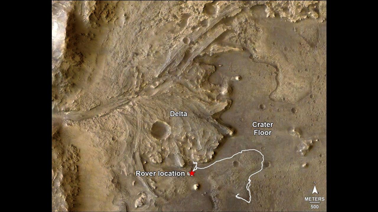 The route of NASA's Perseverance Mars rover – from its landing site on the floor of Jezero Crater to the ancient river delta, which it is currently exploring – is shown in this annotated image composed of overhead views from the agency's Mars Reconnaissance Orbiter (MRO). The red star indicates the location of the rover in September 2022. Perseverance touched down at "Octavia E. Butler Landing" on Feb. 18, 2021, and explored formations (abbreviated "fm" in the annotation) known as "Séítah" and "Máaz" on the floor of Jezero Crater before driving toward the delta region. The delta, which Perseverance reached in April 2022, is a fan-shaped area where, billions of years ago, a river once flowed into a lake and deposited rocks and sediment. Scientists consider it one of the best places on Mars to search for potential signs of ancient microbial life. For this image, the Perseverance team and the U.S. Geological Survey collaborated on the base map, combining multiple images from the High Resolution Imaging Experiment (HiRISE) camera with color from the Compact Reconnaissance Imaging Spectrometer for Mars (CRISM), both instruments aboard MRO. The HiRISE images used span a period from 2007 to 2017. A key objective for Perseverance's mission on Mars is astrobiology, including the search for signs of ancient microbial life. The rover will characterize the planet's geology and past climate, pave the way for human exploration of the Red Planet, and be the first mission to collect and cache Martian rock and regolith (broken rock and dust). Subsequent NASA missions, in cooperation with ESA (European Space Agency), would send spacecraft to Mars to collect these sealed samples from the surface and return them to Earth for in-depth analysis. The Mars 2020 Perseverance mission is part of NASA's Moon to Mars exploration approach, which includes Artemis missions to the Moon that will help prepare for human exploration of the Red Planet. https://photojournal.jpl.nasa.gov/catalog/PIA24922