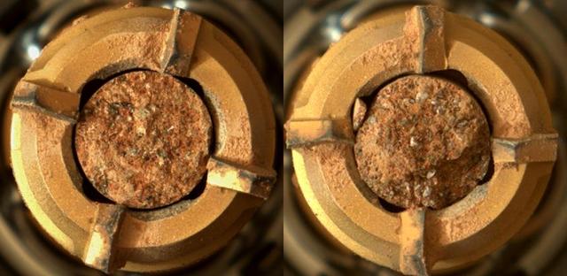 This pair of images shows two cylinders of rock the size of classroom chalk inside the drill of NASA's Perseverance rover from an outcrop called "Skinner Ridge" in Mars' Jezero Crater. The image of the rock core on the left, called "Swift Run," was taken by Perseverance's Mastcam-Z instrument on July 6, 2022, the 490th Martian day, or sol, of the mission. The image on the right, of the rock core called "Skyland," was taken on July 11, 2022, the 495th sol of the mission. Each core is about 0.5 inches, or 13 millimeters, in diameter and 2.4 inches, or 60 millimeters, long. They were taken from an ancient river delta in Jezero Crater, a fan-shaped area where, billions of years ago, a river once flowed into a lake and deposited rocks and sediment. Scientists believe these rock samples contain materials transported by water from potentially hundreds of miles outside of Jezero Crater. These rock cores have been sealed in ultra-clean sample tubes and stored in Perseverance's Sampling and Caching System as part of the mission's search for signs of ancient microbial life. The verification of ancient life on Mars carries an enormous burden of proof. A key objective for Perseverance's mission on Mars is astrobiology, including the search for signs of ancient microbial life. The rover will characterize the planet's geology and past climate, pave the way for human exploration of the Red Planet, and be the first mission to collect and cache Martian rock and regolith (broken rock and dust). Subsequent NASA missions, in cooperation with ESA (European Space Agency), would send spacecraft to Mars to collect these sealed samples from the surface and return them to Earth for in-depth analysis. The Mars 2020 Perseverance mission is part of NASA's Moon to Mars exploration approach, which includes Artemis missions to the Moon that will help prepare for human exploration of the Red Planet. https://photojournal.jpl.nasa.gov/catalog/PIA24927