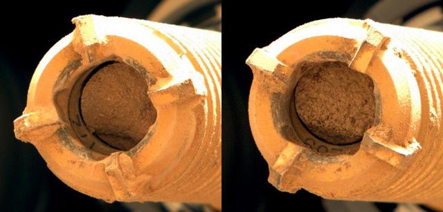 This pair of images shows two cylinders of rock the size of classroom chalk inside the drill of NASA's Perseverance rover from an outcrop called "Wildcat Ridge" in Mars' Jezero Crater. The image of the rock core on the left, called "Hazeltop," was taken by Perseverance's Mastcam-Z instrument on July 25, 2022, the 509th Martian day, or sol, of the mission. The image on the right, of the rock core called "Bearwallow," was taken on Aug. 2, 2022, the 516th sol. Each core is about 0.5 inches, or 13 millimeters, in diameter and 2.4 inches, or 60 millimeters, long. They were taken from an ancient river delta in Jezero Crater, a fan-shaped area where, billions of years ago, a river once flowed into a lake and deposited rocks and sediment. Scientists interpret these rocks to be fine-grained sedimentary rocks. They appear to have formed under saltwater conditions, possibly as water from the crater's ancient lake was evaporating. These rock cores have been sealed in ultra-clean sample tubes and stored in Perseverance's Sampling and Caching System as part of the mission's search for ancient signs of microbial life. The verification of ancient life on Mars carries an enormous burden of proof. A key objective for Perseverance's mission on Mars is astrobiology, including the search for signs of ancient microbial life. The rover will characterize the planet's geology and past climate, pave the way for human exploration of the Red Planet, and be the first mission to collect and cache Martian rock and regolith (broken rock and dust). Subsequent NASA missions, in cooperation with ESA (European Space Agency), would send spacecraft to Mars to collect these sealed samples from the surface and return them to Earth for in-depth analysis. The Mars 2020 Perseverance mission is part of NASA's Moon to Mars exploration approach, which includes Artemis missions to the Moon that will help prepare for human exploration of the Red Planet. https://photojournal.jpl.nasa.gov/catalog/PIA24929