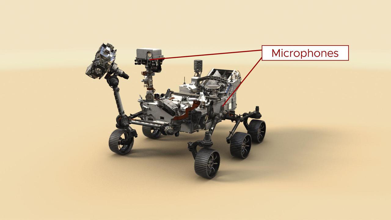 This illustration of NASA's Perseverance Mars rover indicates the placement of the spacecraft's two microphones. The microphone on the mast is part of the SuperCam science instrument. The microphone on the side of the rover was intended to capture the sounds of entry, descent, and landing for public engagement.  A key objective for Perseverance's mission on Mars is astrobiology, including the search for signs of ancient microbial life. The rover will characterize the planet's geology and past climate, pave the way for human exploration of the Red Planet, and be the first mission to collect and cache Martian rock and regolith (broken rock and dust).  Subsequent NASA missions, in cooperation with ESA (European Space Agency), would send spacecraft to Mars to collect these sealed samples from the surface and return them to Earth for in-depth analysis.  The Mars 2020 Perseverance mission is part of NASA's Moon to Mars exploration approach, which includes Artemis missions to the Moon that will help prepare for human exploration of the Red Planet.  https://photojournal.jpl.nasa.gov/catalog/PIA24931
