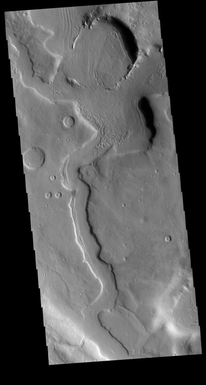Today's VIS image shows a portion of an unnamed channel in northern Arabia Terra. Numerous channels dissect this region of Arabia Terra where it borders the northern lowlands.  Orbit Number: 86537 Latitude: 38.0081 Longitude: 34.2916 Instrument: VIS Captured: 2021-06-17 18:31  https://photojournal.jpl.nasa.gov/catalog/PIA24958