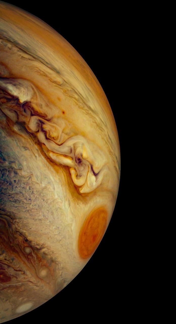 This JunoCam image of Jupiter's south temperate belt and Great Red Spot was taken on Dec. 30, 2020.  Wide enough to contain Earth, the Great Red Spot is the most dominant atmospheric feature in the planet's southern hemisphere.  https://photojournal.jpl.nasa.gov/catalog/PIA24962