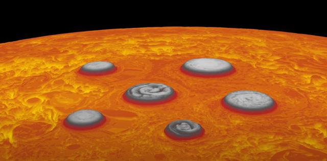In this animation, forces created by movement toward the south pole of a circumpolar cyclone (farthest right) results in the temporary shift in location by the polar cyclone – the central cyclone directly over the pole – and the four other circumpolar cyclones. Data used to generate this animation was acquired by the Jovian Infrared Auroral Mapper (JIRAM) instrument aboard NASA's Juno spacecraft. JIRAM "sees" in infrared light not visible to the human eye. It was designed to capture the infrared light emerging from deep inside Jupiter, probing the weather layer down to 30 to 45 miles (50 to 70 kilometers) below Jupiter's cloud tops. Movie available at https://photojournal.jpl.nasa.gov/catalog/PIA24969