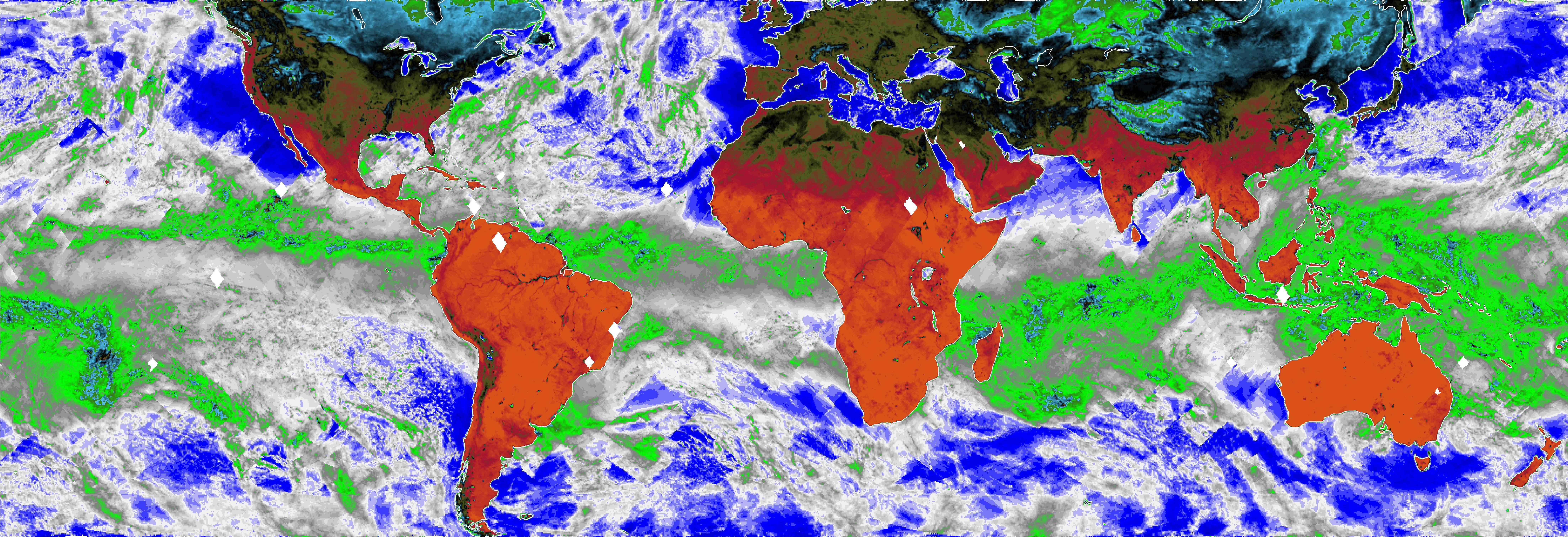 This map, made using the Compact Ocean Wind Vector Radiometer (COWVR) instrument's observations from Jan. 16 to 23, 2022, shows Earth's microwave emissions at a frequency of 34 gigahertz. This frequency provides information on the strength of winds at the ocean surface, the amount of water in clouds, and the amount of water vapor in the atmosphere. Green and white indicate higher water vapor and clouds, while dark blue over the ocean indicates drier air and clear sky. Typical weather patterns for January, such as tropical moisture and rain (the green band stretching across the center of the map), are visible.  https://photojournal.jpl.nasa.gov/catalog/PIA24985