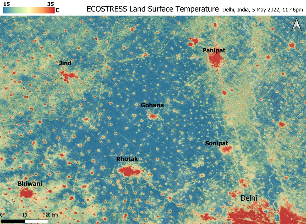 A relentless heat wave has blanketed India and Pakistan since mid-March 2022, causing dozens of deaths, fires, increased air pollution, and reduced crop yields. NASA's Ecosystem Spaceborne Thermal Radiometer Experiment on Space Station instrument (ECOSTRESS) has been measuring these temperatures from space, at the highest spatial resolution of any satellite instrument.  This image, taken shortly before local midnight on May 5, shows urban areas and agricultural lands northwest of Delhi that are home to about 28 million people. The image covers about 4,800 square miles (12,350 square kilometers).  Cities are usually markedly warmer than the surrounding countryside due to human activities and the materials used in the built environment. The image clearly delineates these urban "heat islands." Nighttime temperatures in Delhi and several smaller villages were above 95 degrees Fahrenheit (35 degrees Celsius), peaking at about 102 degrees F (39 degrees C), while the rural fields nearby had cooled to around 60 degrees F (15 degrees C). This data suggests that city dwellers are experiencing considerably higher temperatures than the average temperatures reported for their regions.  ECOSTRESS measures the temperature of the ground itself, which is very similar to air temperature at night (though the ground may be warmer than the air in daylight hours). The instrument launched to the space station in 2018. Its primary mission is to identify plants' thresholds for water use and water stress, giving insight into their ability to adapt to a warming climate. However, ECOSTRESS also records other heat-related phenomena like this heat wave. Its high-resolution images, with a pixel size of about 225 feet (70 meters) by 125 feet (38 meters), are a powerful tool for understanding aspects of the weather event that might be overlooked by traditional observation networks.  https://photojournal.jpl.nasa.gov/catalog/PIA24987
