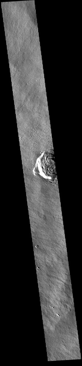 Today's VIS image shows part of Karzok Crater. This crater is one of two located on the flanks of Olympus Mons. Karzok Crater is 15.6km (9.7 mi) in diameter.  Olympus Mons is the largest volcano in the solar system, reaching heights over 40 km (25 miles) tall from base to summit, with the base covering an area as large as the state of Arizona. For comparison, Mauna Loa is 9 km (5.5 miles) tall measured from its base on the sea floor.  The THEMIS VIS camera is capable of capturing color images of the Martian surface using five different color filters. In this mode of operation, the spatial resolution and coverage of the image must be reduced to accommodate the additional data volume produced from using multiple filters. To make a color image, three of the five filter images (each in grayscale) are selected. Each is contrast enhanced and then converted to a red, green, or blue intensity image. These three images are then combined to produce a full color, single image. Because the THEMIS color filters don't span the full range of colors seen by the human eye, a color THEMIS image does not represent true color. Also, because each single-filter image is contrast enhanced before inclusion in the three-color image, the apparent color variation of the scene is exaggerated. Nevertheless, the color variation that does appear is representative of some change in color, however subtle, in the actual scene. Note that the long edges of THEMIS color images typically contain color artifacts that do not represent surface variation.  Orbit Number: 86755 Latitude: 18.2292 Longitude: 228.192 Instrument: VIS Captured: 2021-07-05 17:12  https://photojournal.jpl.nasa.gov/catalog/PIA24993