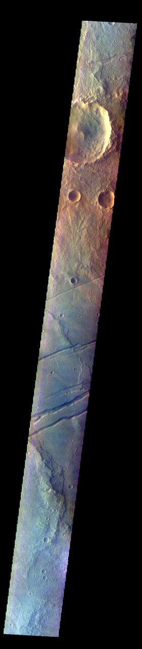 The THEMIS VIS camera contains 5 filters. The data from different filters can be combined in multiple ways to create a false color image. These false color images may reveal subtle variations of the surface not easily identified in a single band image. Today's false color image shows part of Sirenum Fossae. The linear depressions in this VIS image are tectonic graben. Graben are formed by extension of the crust and faulting. When large amounts of pressure or tension are applied to rocks on timescales that are fast enough that the rock cannot respond by deforming, the rock breaks along faults. In the case of a graben, two parallel faults are formed by extension of the crust and the rock in between the faults drops downward into the space created by the extension. Several graben are visible in this THEMIS VIS image, trending from north-northeast to south-southwest. Because the faults defining the graben are formed parallel to the direction of the applied stress, we know that extensional forces were pulling the crust apart in the west-northwest/east-southeast direction. The Sirenum Fossae graben are 2735km (1700 miles) long.  The THEMIS VIS camera is capable of capturing color images of the Martian surface using five different color filters. In this mode of operation, the spatial resolution and coverage of the image must be reduced to accommodate the additional data volume produced from using multiple filters. To make a color image, three of the five filter images (each in grayscale) are selected. Each is contrast enhanced and then converted to a red, green, or blue intensity image. These three images are then combined to produce a full color, single image. Because the THEMIS color filters don't span the full range of colors seen by the human eye, a color THEMIS image does not represent true color. Also, because each single-filter image is contrast enhanced before inclusion in the three-color image, the apparent color variation of the scene is exaggerated. Nevertheless, the color variation that does appear is representative of some change in color, however subtle, in the actual scene. Note that the long edges of THEMIS color images typically contain color artifacts that do not represent surface variation.  Orbit Number: 84903 Latitude: -30.8518 Longitude: 208.42 Instrument: VIS Captured: 2021-02-03 04:32  https://photojournal.jpl.nasa.gov/catalog/PIA25007