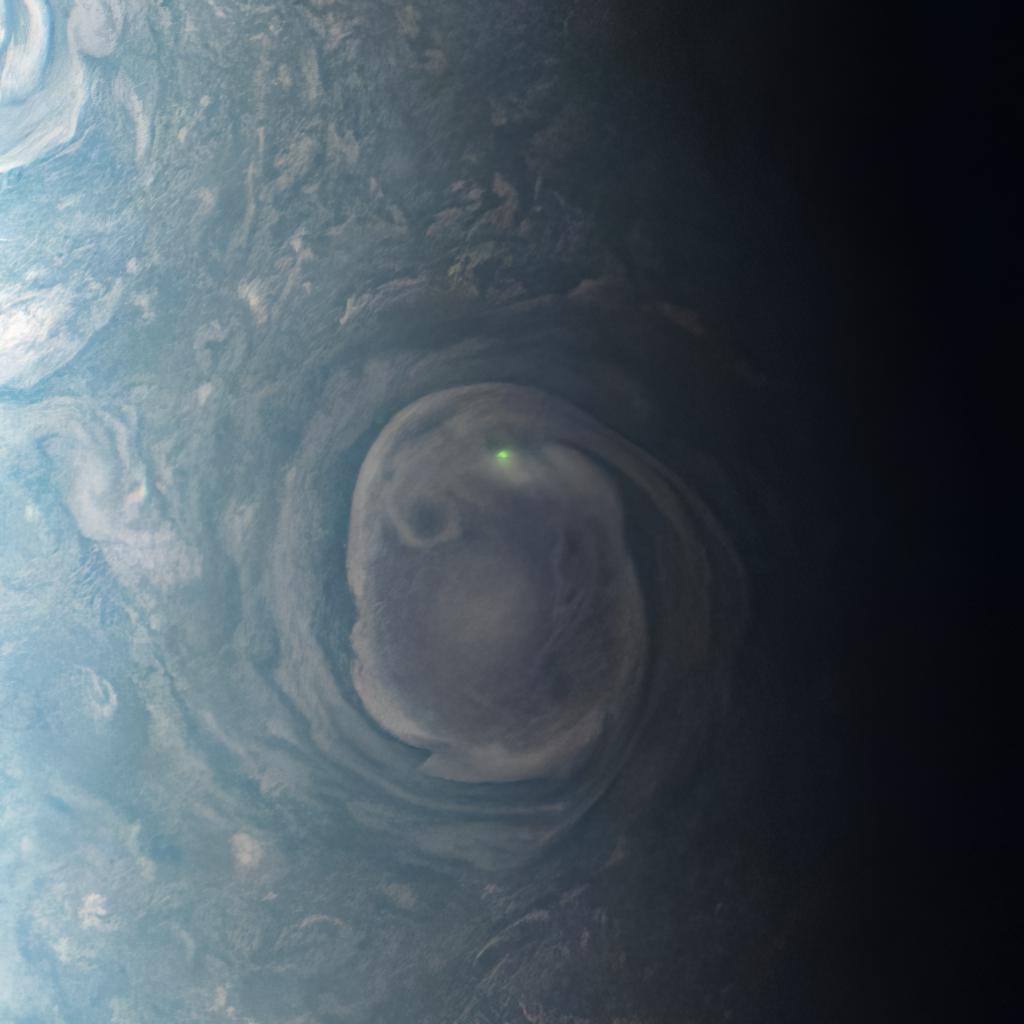 In this view of a vortex near Jupiter's north pole, NASA's Juno mission observed the glow from a bolt of lightning.