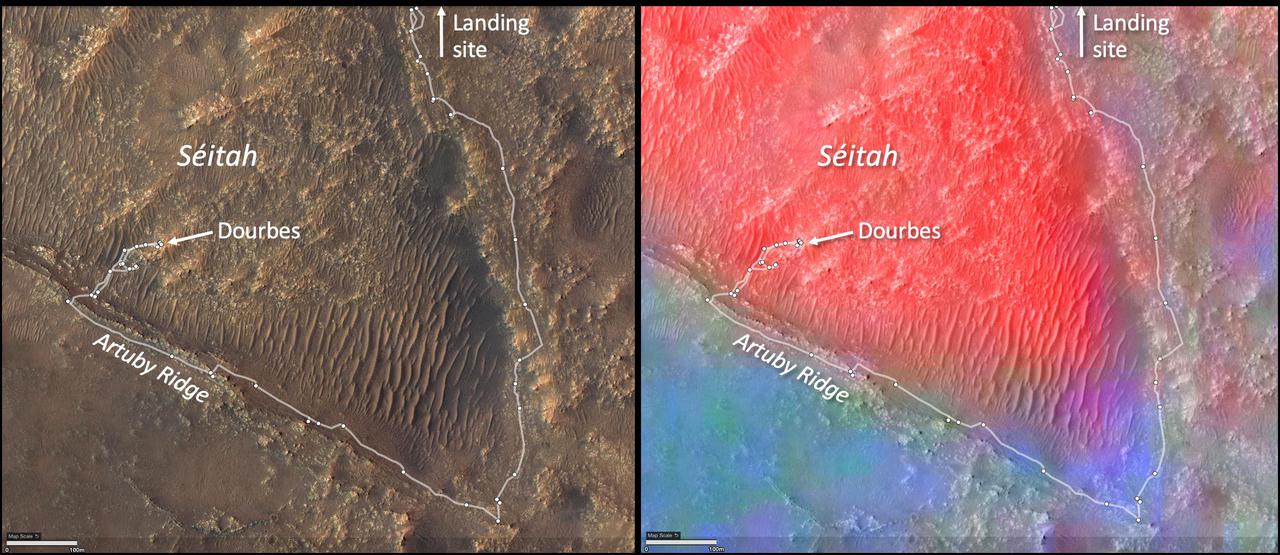 These annotated images show two views of the "Séítah" geologic unit of Mars' Jezero Crater. The map on the left shows terrain features of the crater with annotations depicting the rover's route during its first science campaign. "Artuby" is a ridgeline running along a portion of the southern boundary of Séítah. "Dourbes" is the name of an abrading target on a rock in South Séítah. The multi-hued map on the right shows the diversity of igneous (solidified from lava or magma) minerals in the same region. Olivine is shown in red. Calcium-poor pyroxene in green. Calcium-rich pyroxene is in blue. A key objective for Perseverance's mission on Mars is astrobiology, including the search for signs of ancient microbial life. The rover will characterize the planet's geology and past climate, pave the way for human exploration of the Red Planet, and be the first mission to collect and cache Martian rock and regolith (broken rock and dust). Subsequent NASA missions, in cooperation with ESA (European Space Agency), would send spacecraft to Mars to collect these sealed samples from the surface and return them to Earth for in-depth analysis. The Mars 2020 Perseverance mission is part of NASA's Moon to Mars exploration approach, which includes Artemis missions to the Moon that will help prepare for human exploration of the Red Planet. https://photojournal.jpl.nasa.gov/catalog/PIA25024