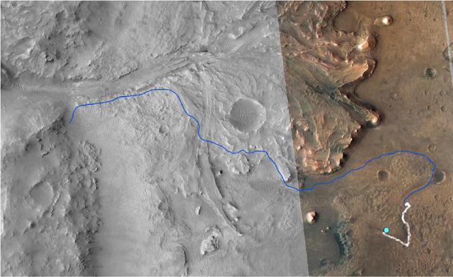 This annotated image from NASA's Mars Reconnaissance Orbiter (MRO) shows the journey NASA's Perseverance rover has taken and will take in the future as it heads toward Jezero Crater's delta on Mars. The white line depicts the route the rover has taken since it touched down at the "Octavia E. Butler Landing" site on Feb. 18, 2021, to its current location in the "South Séítah" geologic unit (light-blue dot). The rover will return to the landing site along the same route and then continue to the delta along the line in blue. This map is composed of images from the MRO's High Resolution Imaging Experiment (HiRISE). A key objective for Perseverance's mission on Mars is astrobiology, including the search for signs of ancient microbial life. The rover will characterize the planet's geology and past climate, pave the way for human exploration of the Red Planet, and be the first mission to collect and cache Martian rock and regolith (broken rock and dust). Subsequent NASA missions, in cooperation with ESA (European Space Agency), would send spacecraft to Mars to collect these sealed samples from the surface and return them to Earth for in-depth analysis. The Mars 2020 Perseverance mission is part of NASA's Moon to Mars exploration approach, which includes Artemis missions to the Moon that will help prepare for human exploration of the Red Planet. https://photojournal.jpl.nasa.gov/catalog/PIA25027