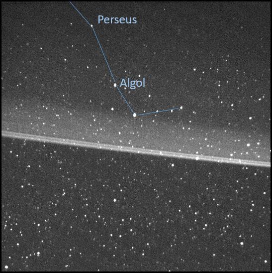 This annotated, high-resolution image of Jupiter's main dust ring was collected by the Stellar Reference Unit (SRU) navigation camera aboard NASA's Juno spacecraft. The image was taken from inside the ring looking out as Juno flew between Jupiter and the radiation belts during the spacecraft's 36th close flyby on Sept. 2, 2021. The brightest thin dust bands are associated with the orbits of Jupiter's small moons, Metis and Adrastea. The image also captured an arm of the Perseus constellation, as shown in the annotation.  https://photojournal.jpl.nasa.gov/catalog/PIA25039