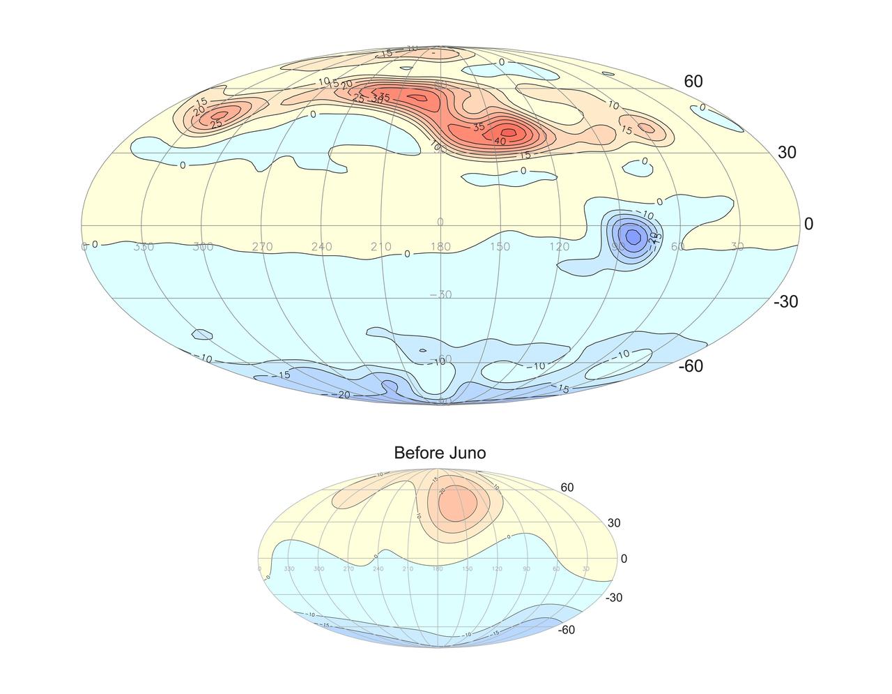 This projection of the radial magnetic field of Jupiter (top) uses a new magnetic field model based on data from Juno's orbits during its prime mission. Magnetic field lines emerge from yellow and red regions and enter the planet in the blue regions. The new model represents a vast improvement in spatial resolution compared to prior knowledge (bottom) provided by earlier missions, including Pioneer 10 and 11, Voyager 1 and 2, Ulysses, and Galileo.  https://photojournal.jpl.nasa.gov/catalog/PIA25040