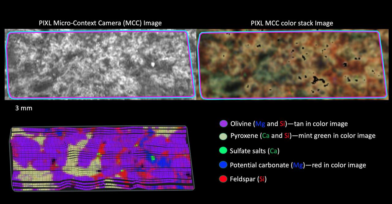 These images show a rock target called "Dourbes" in Mars' Jezero Crater and a map of chemical elements detected within the target by PIXL (Planetary Instrument for X-ray Lithochemistry), one of the instruments on the end of the robotic arm aboard NASA's Perseverance Mars rover. The two images at top show the target in black-and-white and colorized views. PIXL's map of elements is at the bottom, showing magnesium (blue), silicon (red), and calcium (green) – three of the major minerals present in the rock. The map shows olivine and pyroxene forming a cumulate texture characteristic of an igneous rock (solidified from magma or lava). The presence of sulfate salts and potential carbonates reveal that these igneous rocks were altered by water, indicating past watery environments in Jezero Crater. A key objective for Perseverance's mission on Mars is astrobiology, including the search for signs of ancient microbial life. The rover will characterize the planet's geology and past climate, pave the way for human exploration of the Red Planet, and be the first mission to collect and cache Martian rock and regolith (broken rock and dust). Subsequent NASA missions, in cooperation with ESA (European Space Agency), would send spacecraft to Mars to collect these sealed samples from the surface and return them to Earth for in-depth analysis. The Mars 2020 Perseverance mission is part of NASA's Moon to Mars exploration approach, which includes Artemis missions to the Moon that will help prepare for human exploration of the Red Planet. https://photojournal.jpl.nasa.gov/catalog/PIA25041