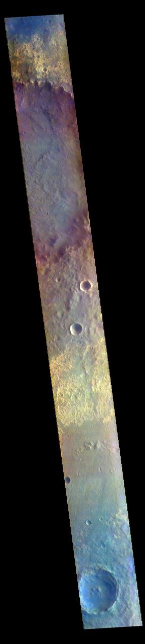 The THEMIS VIS camera contains 5 filters. The data from different filters can be combined in multiple ways to create a false color image. These false color images may reveal subtle variations of the surface not easily identified in a single band image. Today's false color image shows part of Arabia Terra. Arabia Terra is one of the oldest surface regions on Mars and contains a large variety of surface features.  The THEMIS VIS camera is capable of capturing color images of the Martian surface using five different color filters. In this mode of operation, the spatial resolution and coverage of the image must be reduced to accommodate the additional data volume produced from using multiple filters. To make a color image, three of the five filter images (each in grayscale) are selected. Each is contrast enhanced and then converted to a red, green, or blue intensity image. These three images are then combined to produce a full color, single image. Because the THEMIS color filters don't span the full range of colors seen by the human eye, a color THEMIS image does not represent true color. Also, because each single-filter image is contrast enhanced before inclusion in the three-color image, the apparent color variation of the scene is exaggerated. Nevertheless, the color variation that does appear is representative of some change in color, however subtle, in the actual scene. Note that the long edges of THEMIS color images typically contain color artifacts that do not represent surface variation.  Orbit Number: 85578 Latitude: 20.3273 Longitude: 342.869 Instrument: VIS Captured: 2021-03-30 19:20  https://photojournal.jpl.nasa.gov/catalog/PIA25055