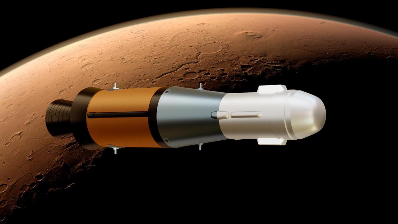 This illustration shows NASA's Mars Ascent Vehicle (MAV), which will carry tubes containing Martian rock and soil samples into orbit around Mars, where ESA's Earth Return Orbiter spacecraft will enclose them in a highly secure containment capsule and deliver them to Earth.  https://photojournal.jpl.nasa.gov/catalog/PIA25078