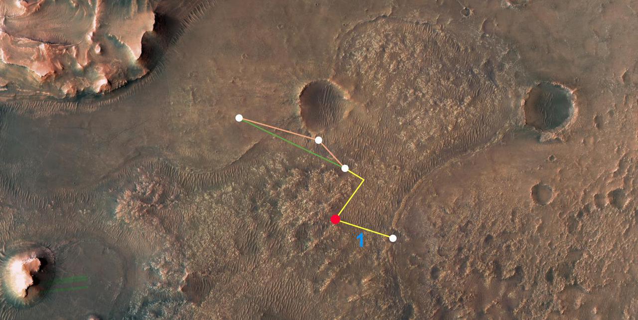 This annotated overhead image from NASA's Mars Reconnaissance Orbiter (MRO) depicts the multiple flights – and two different routes – the agency's Ingenuity Mars Helicopter could take on its way to Jezero Crater's delta. The location of Ingenuity as of March 14, 2022, is indicated by the red dot. This map is made using images from MRO's High Resolution Imaging Experiment (HiRISE) camera.  The first flight in this series (indicated by the number 1 in blue) occurred on March 10, 2022. After the next flight – which includes a sharp bend in the course to avoid a large hill – the helicopter team will consider which of two routes to take. The first option requires two flights to reach the base of the delta. The second option is more direct, necessitating only one final flight to reach the same location.  https://photojournal.jpl.nasa.gov/catalog/PIA25080