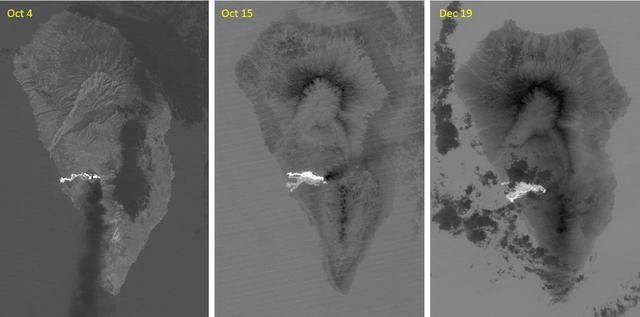 The major volcanic eruption of Cumbre Vieja volcano on La Palma, Canary Islands, began on September 21, 2021. For three months, lava poured out of the volcanic ridge, and flowed to the sea, engulfed 3000+ dwellings. The October 4 ASTER thermal infrared image shows the first flow reaching the coast. On October 15, a second flow followed to the north. By December 19, activity had stopped, and the flows are cooling. The images cover an area of 32.5 by 49.3 km, and are located at 28.6 degrees north, 17.9 degrees west.  With its 14 spectral bands from the visible to the thermal infrared wavelength region and its high spatial resolution of about 50 to 300 feet (15 to 90 meters), ASTER images Earth to map and monitor the changing surface of our planet. ASTER is one of five Earth-observing instruments launched Dec. 18, 1999, on Terra. The instrument was built by Japan's Ministry of Economy, Trade and Industry. A joint U.S./Japan science team is responsible for validation and calibration of the instrument and data products.  The broad spectral coverage and high spectral resolution of ASTER provides scientists in numerous disciplines with critical information for surface mapping and monitoring of dynamic conditions and temporal change. Example applications are monitoring glacial advances and retreats; monitoring potentially active volcanoes; identifying crop stress; determining cloud morphology and physical properties; wetlands evaluation; thermal pollution monitoring; coral reef degradation; surface temperature mapping of soils and geology; and measuring surface heat balance.  https://photojournal.jpl.nasa.gov/catalog/PIA25085