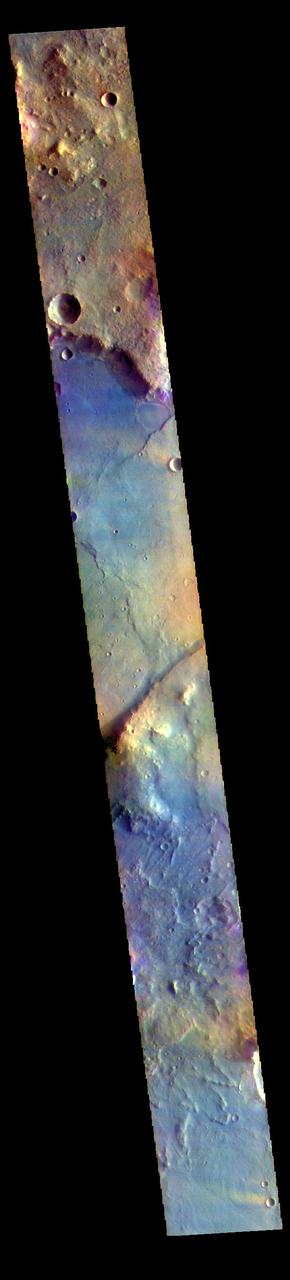 The THEMIS VIS camera contains 5 filters. The data from different filters can be combined in multiple ways to create a false color image. These false color images may reveal subtle variations of the surface not easily identified in a single band image. Today's false color image shows part of Nili Fossae. Nili Fossae is a collection of curved faults and down-dropped blocks of crust between the faults called graben. The graben lie northeast of the large volcano Syrtis Major and northwest of the ancient impact basin Isidis Planitia. The linear ridge in the center of the image is one side of a very large graben. When large amounts of pressure or tension are applied to rocks on timescales that are fast enough that the rock cannot respond by deforming, the rock breaks along faults. In the case of a graben, two parallel faults are formed by extension of the crust and the rock in between the faults drops downward into the space created by the extension.  The THEMIS VIS camera is capable of capturing color images of the Martian surface using five different color filters. In this mode of operation, the spatial resolution and coverage of the image must be reduced to accommodate the additional data volume produced from using multiple filters. To make a color image, three of the five filter images (each in grayscale) are selected. Each is contrast enhanced and then converted to a red, green, or blue intensity image. These three images are then combined to produce a full color, single image. Because the THEMIS color filters don't span the full range of colors seen by the human eye, a color THEMIS image does not represent true color. Also, because each single-filter image is contrast enhanced before inclusion in the three-color image, the apparent color variation of the scene is exaggerated. Nevertheless, the color variation that does appear is representative of some change in color, however subtle, in the actual scene. Note that the long edges of THEMIS color images typically contain color artifacts that do not represent surface variation.  Orbit Number: 85787 Latitude: 19.3564 Longitude: 73.5306 Instrument: VIS Captured: 2021-04-17 00:20  https://photojournal.jpl.nasa.gov/catalog/PIA25093