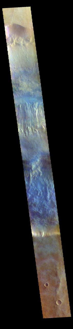 The THEMIS VIS camera contains 5 filters. The data from different filters can be combined in multiple ways to create a false color image. These false color images may reveal subtle variations of the surface not easily identified in a single band image. Today's false color image shows a cross section of Hebes Chasma, including Hebes Mensa (middle of image). Hebes Chasma is an inclosed basin not connected to Valles Marineris. It is 319 km long (east/west, 198 miles), 130 km wide (north/south, 81miles) and up to 8km (5 miles) deep. Hebes Mensa is a large deposit of layered material within the chasma. Extensive erosion has created gullies in the mensa and distributed fine sand size materials to create dunes and sand drifts. Hebes Mensa is 7.5 km (4.7 miles) high, 120 km (75 miles) long and 43 km (27 miles) wide.  The THEMIS VIS camera is capable of capturing color images of the Martian surface using five different color filters. In this mode of operation, the spatial resolution and coverage of the image must be reduced to accommodate the additional data volume produced from using multiple filters. To make a color image, three of the five filter images (each in grayscale) are selected. Each is contrast enhanced and then converted to a red, green, or blue intensity image. These three images are then combined to produce a full color, single image. Because the THEMIS color filters don't span the full range of colors seen by the human eye, a color THEMIS image does not represent true color. Also, because each single-filter image is contrast enhanced before inclusion in the three-color image, the apparent color variation of the scene is exaggerated. Nevertheless, the color variation that does appear is representative of some change in color, however subtle, in the actual scene. Note that the long edges of THEMIS color images typically contain color artifacts that do not represent surface variation.  Orbit Number: 85967 Latitude: -1.25893 Longitude: 283.562 Instrument: VIS Captured: 2021-05-01 19:55  https://photojournal.jpl.nasa.gov/catalog/PIA25100