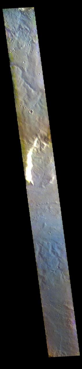 The THEMIS VIS camera contains 5 filters. The data from different filters can be combined in multiple ways to create a false color image. These false color images may reveal subtle variations of the surface not easily identified in a single band image. Today's false color image shows part of the northern rim of Huygens Crater (bright feature in center of image). Huygens Crater is 467 km (290 miles) in diameter and is located in Terra Sabaea.  The THEMIS VIS camera is capable of capturing color images of the Martian surface using five different color filters. In this mode of operation, the spatial resolution and coverage of the image must be reduced to accommodate the additional data volume produced from using multiple filters. To make a color image, three of the five filter images (each in grayscale) are selected. Each is contrast enhanced and then converted to a red, green, or blue intensity image. These three images are then combined to produce a full color, single image. Because the THEMIS color filters don't span the full range of colors seen by the human eye, a color THEMIS image does not represent true color. Also, because each single-filter image is contrast enhanced before inclusion in the three-color image, the apparent color variation of the scene is exaggerated. Nevertheless, the color variation that does appear is representative of some change in color, however subtle, in the actual scene. Note that the long edges of THEMIS color images typically contain color artifacts that do not represent surface variation.  Orbit Number: 86000 Latitude: -11.048 Longitude: 52.8798 Instrument: VIS Captured: 2021-05-04 13:04  https://photojournal.jpl.nasa.gov/catalog/PIA25101