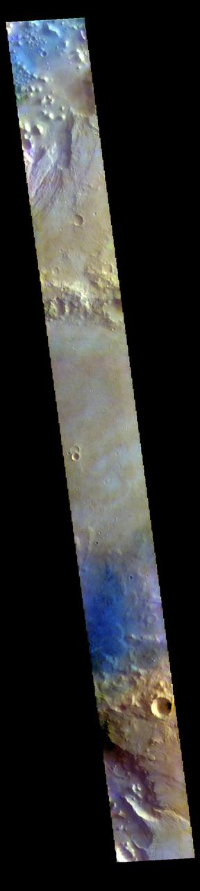 The THEMIS VIS camera contains 5 filters. The data from different filters can be combined in multiple ways to create a false color image. These false color images may reveal subtle variations of the surface not easily identified in a single band image. Today's false color image shows part of Chia Crater. Chia Crater is 92 km (57 miles) in diameter and is located in Xanthe Terra just east of Maja Valles.  The THEMIS VIS camera is capable of capturing color images of the Martian surface using five different color filters. In this mode of operation, the spatial resolution and coverage of the image must be reduced to accommodate the additional data volume produced from using multiple filters. To make a color image, three of the five filter images (each in grayscale) are selected. Each is contrast enhanced and then converted to a red, green, or blue intensity image. These three images are then combined to produce a full color, single image. Because the THEMIS color filters don't span the full range of colors seen by the human eye, a color THEMIS image does not represent true color. Also, because each single-filter image is contrast enhanced before inclusion in the three-color image, the apparent color variation of the scene is exaggerated. Nevertheless, the color variation that does appear is representative of some change in color, however subtle, in the actual scene. Note that the long edges of THEMIS color images typically contain color artifacts that do not represent surface variation.  Orbit Number: 86503 Latitude: 1.79687 Longitude: 300.299 Instrument: VIS Captured: 2021-06-14 23:07  https://photojournal.jpl.nasa.gov/catalog/PIA25102