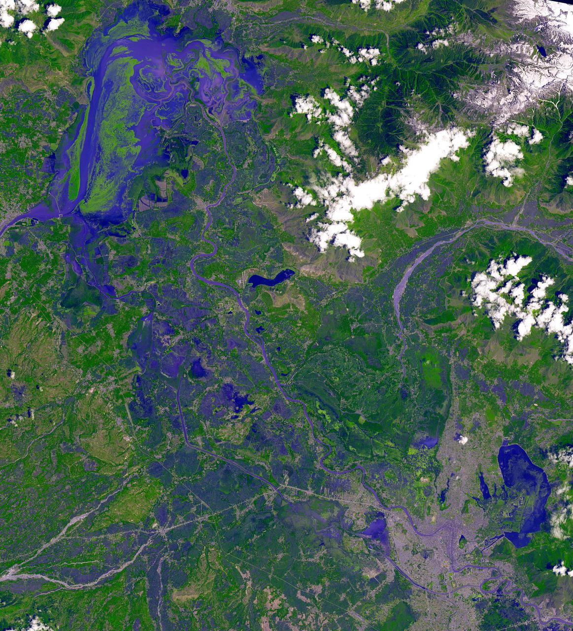 n Jammu and Kashmir, India, along the Jhelum River, Dal and Wular Lakes are remnants of a much larger pre-glacial lake. Wular (in the northwest) is one of the largest freshwater lakes in Asia. Dal Lake (southeast) is an urban lake in Srinagar. It is famous for its Mughal gardens and luxury houseboats. Impressive restoration projects are ongoing to reverse eutrophication. The image was acquired July 3, 2015, covers an area of 39.7 by 43.6 km, and is located at 34.2 degrees north, 74.7 degrees east.  https://photojournal.jpl.nasa.gov/catalog/PIA25123